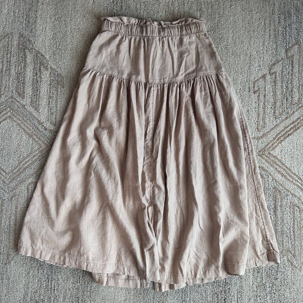 Romantic Cottage Peasant Linen Button Front Midi Skirt Neutral Tie Tiered XS - Picture 7 of 11